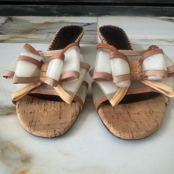 J Renee Freesia Natural Brown Cork Block Heel Mesh Bow Slides Sandals Mules Sz 7 - Picture 2 of 10